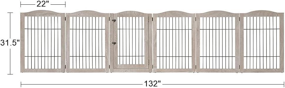 Unipaws Extra Wide Freestanding Dog Gate, 6 Panels Pet Playpen with Wood and Wire, Walk Through Dog Gate with 5 Support Feet