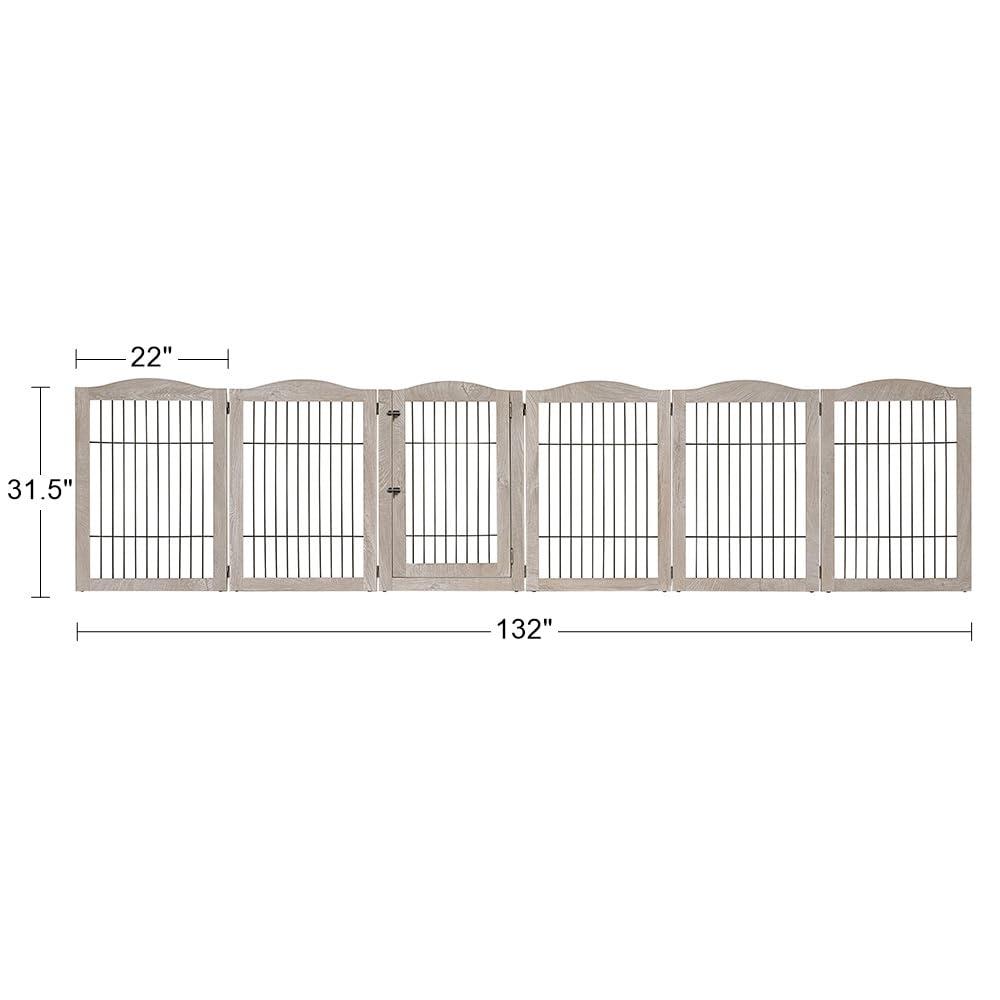 Unipaws Extra Wide Freestanding Dog Gate, 6 Panels Pet Playpen with Wood and Wire, Walk Through Dog Gate with 5 Support Feet