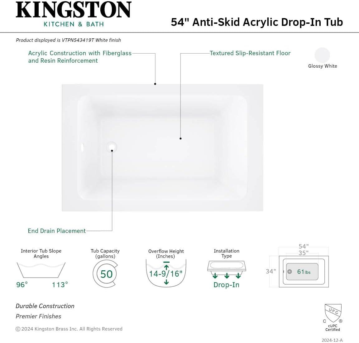Kingston Brass Aqua Eden 54-Inch Acrylic Rectangular Drop-In Tub with Anti-Skid Surface