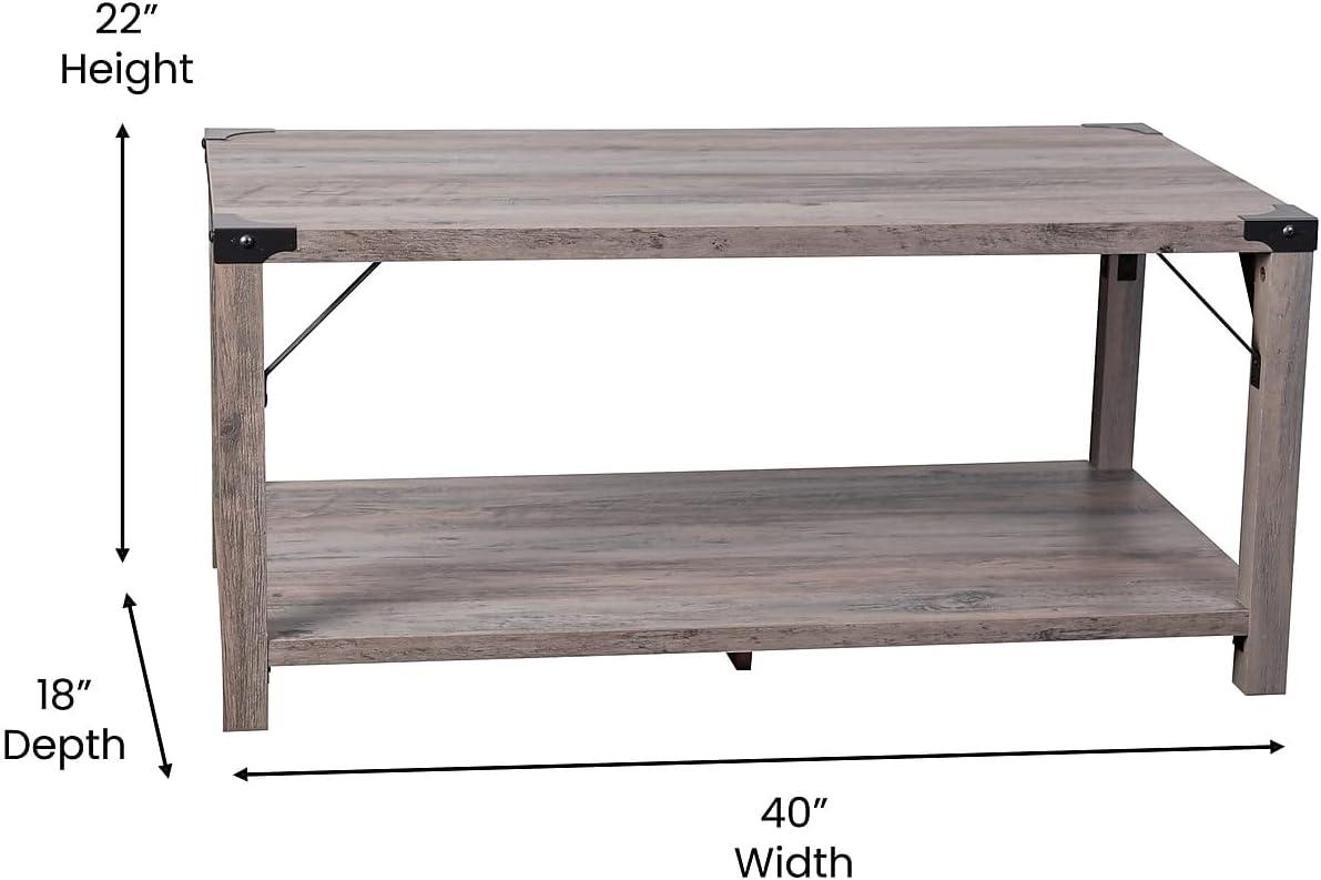 Flash Furniture Wyatt Modern Farmhouse Wooden 2 Tier Coffee Table with Metal Corner Accents and Cross Bracing