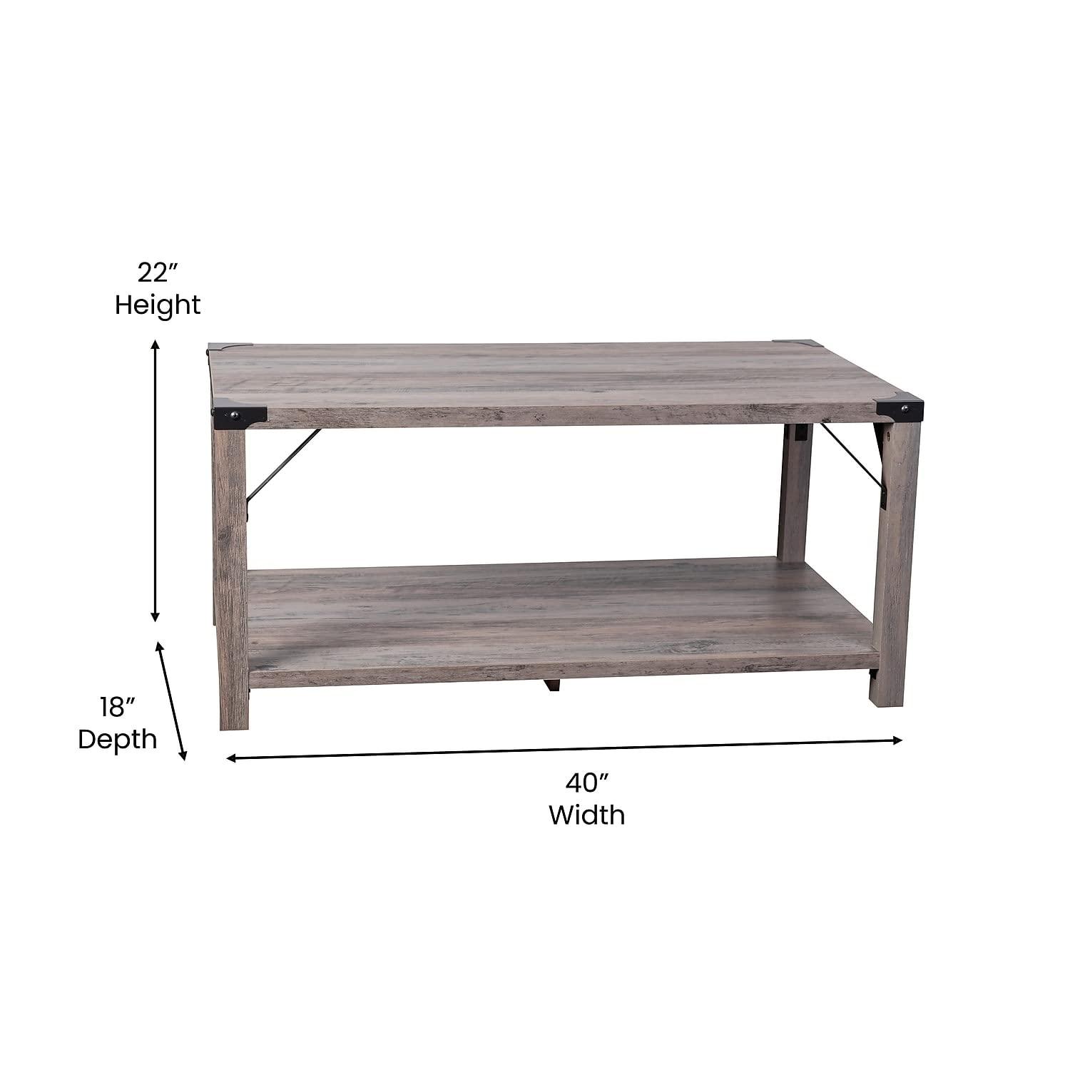Flash Furniture Wyatt Modern Farmhouse Wooden 2 Tier Coffee Table with Black Metal Corner Accents and Cross Bracing, Gray Wash