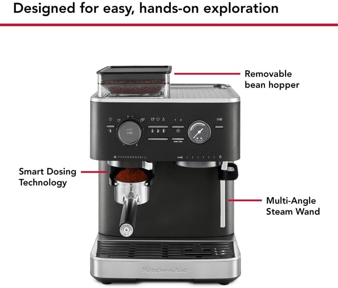 Black Semi Automatic Espresso Machine with Burr Grinder and Steam Wand