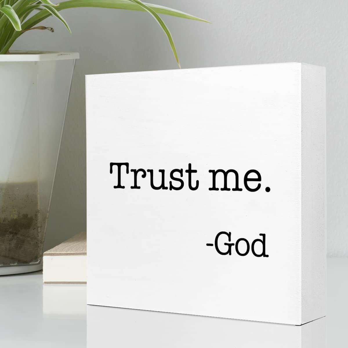Trust Me God Wooden Sign Desk Decor,Inspirational Christian Wood Block Sign Desk Decorations for Christian Home Bedroom Girls Room Office Shelf Table Decor 5*5 inch