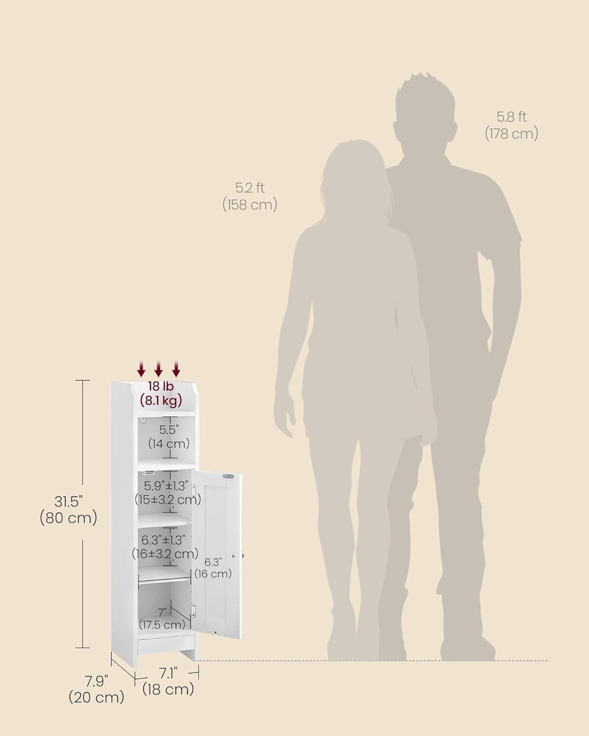 White MDF Narrow Bathroom Storage Cabinet with Adjustable Shelves