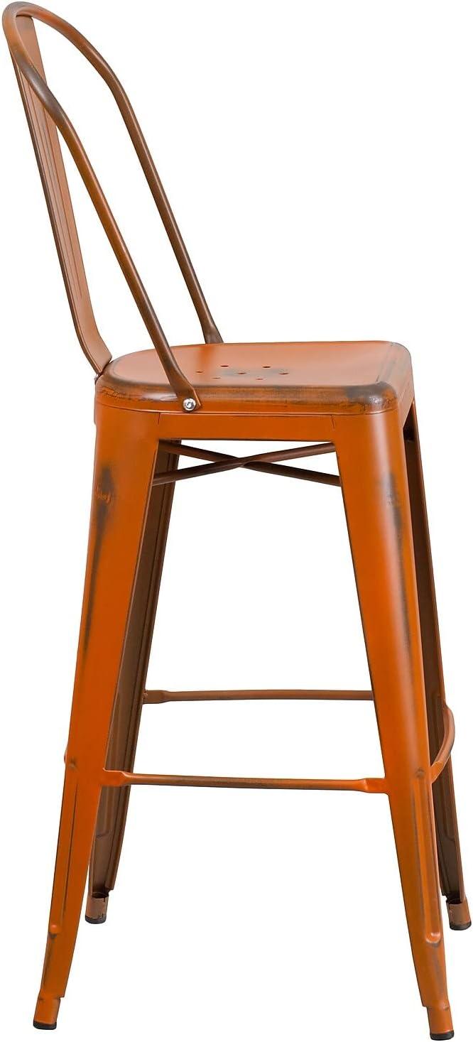 Flash Furniture Commercial Grade 30" High Distressed Orange Metal Indoor-Outdoor Barstool with Back