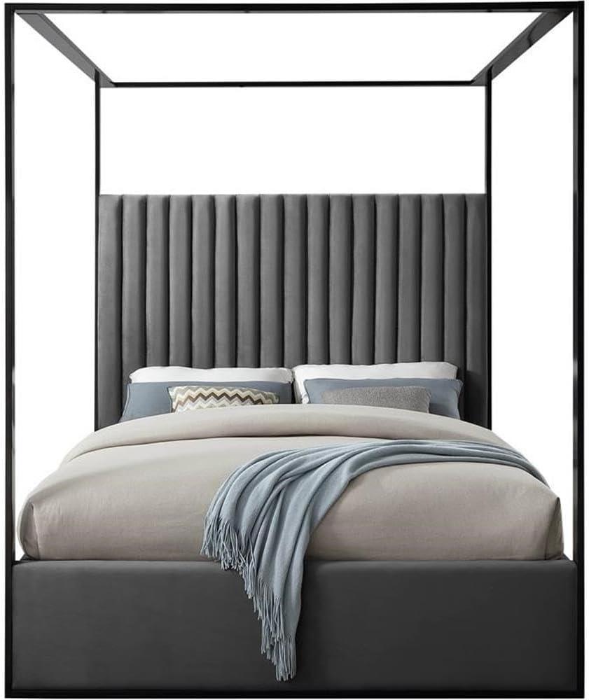 Meridian Furniture Jax Solid Wood and Velvet Queen Bed in Gray