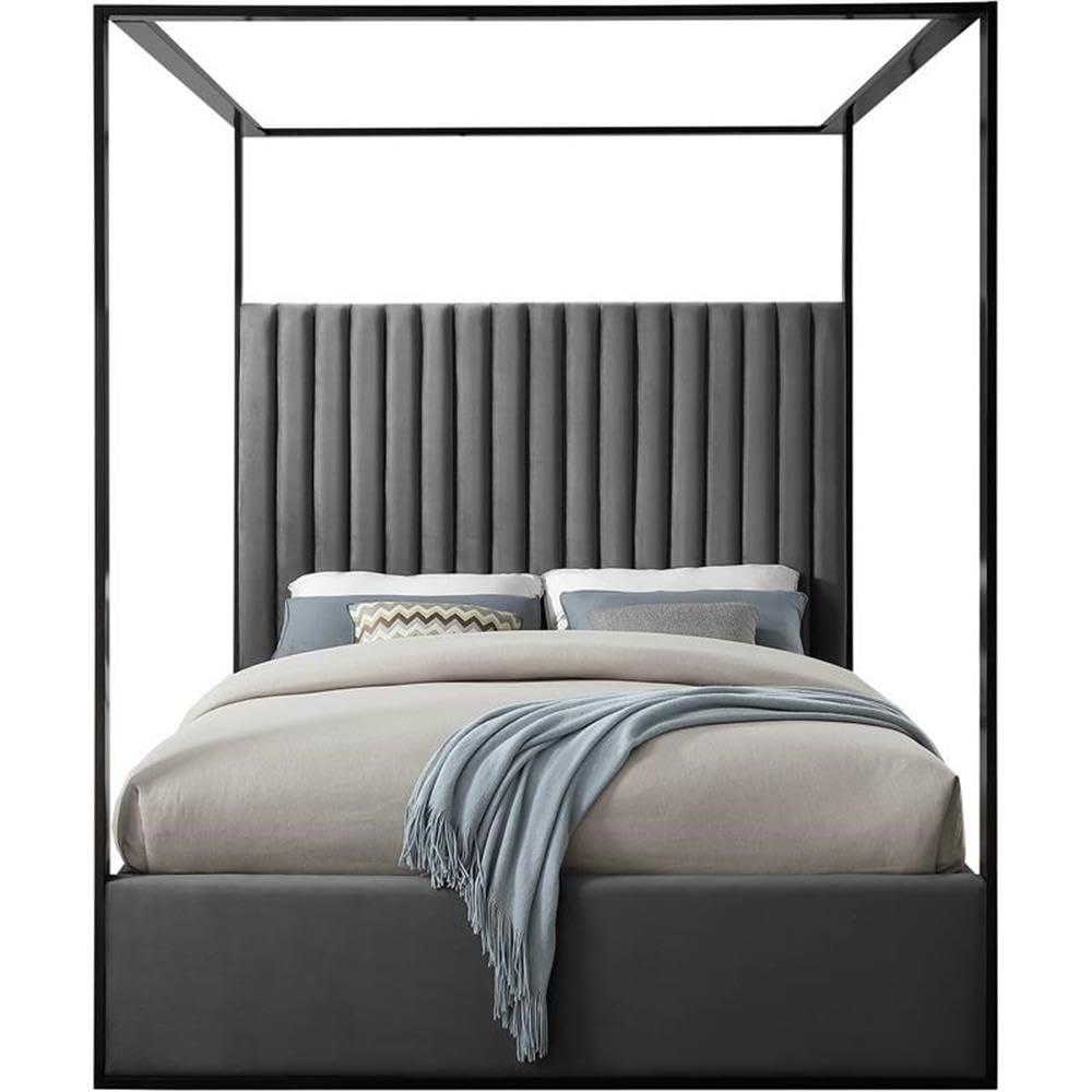 Meridian Furniture Jax Solid Wood and Velvet Queen Bed in Gray