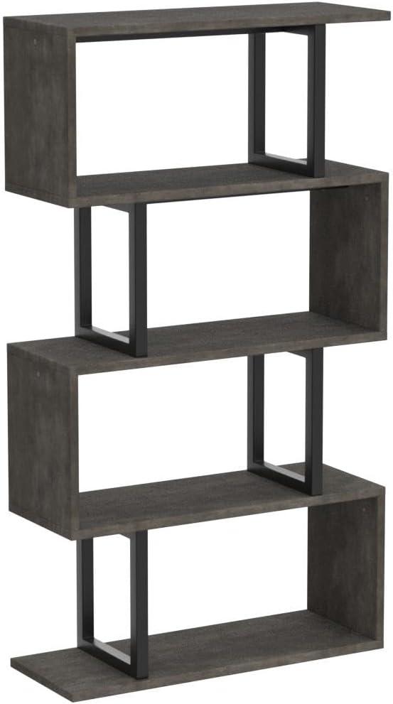 Satiny 5-Tier Bookshelf, S-Shaped Z-Shelf Bookshelves and Bookcase, Industrial Freestanding Multifunctional Decorative Storage Shelving for Living Room Home Office, Gray + Black