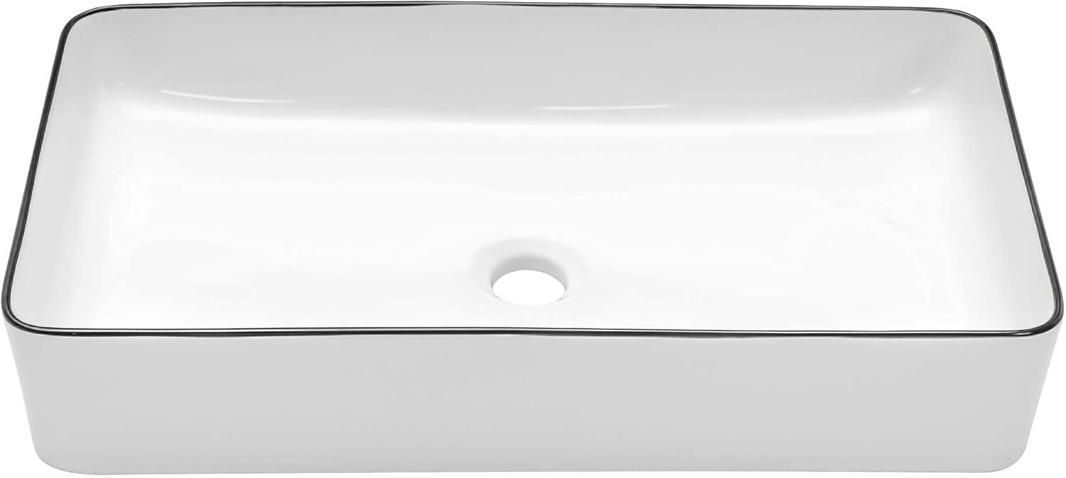 24"X14" White Ceramic Rectangle Bathroom Vessel Sink with Black Rim