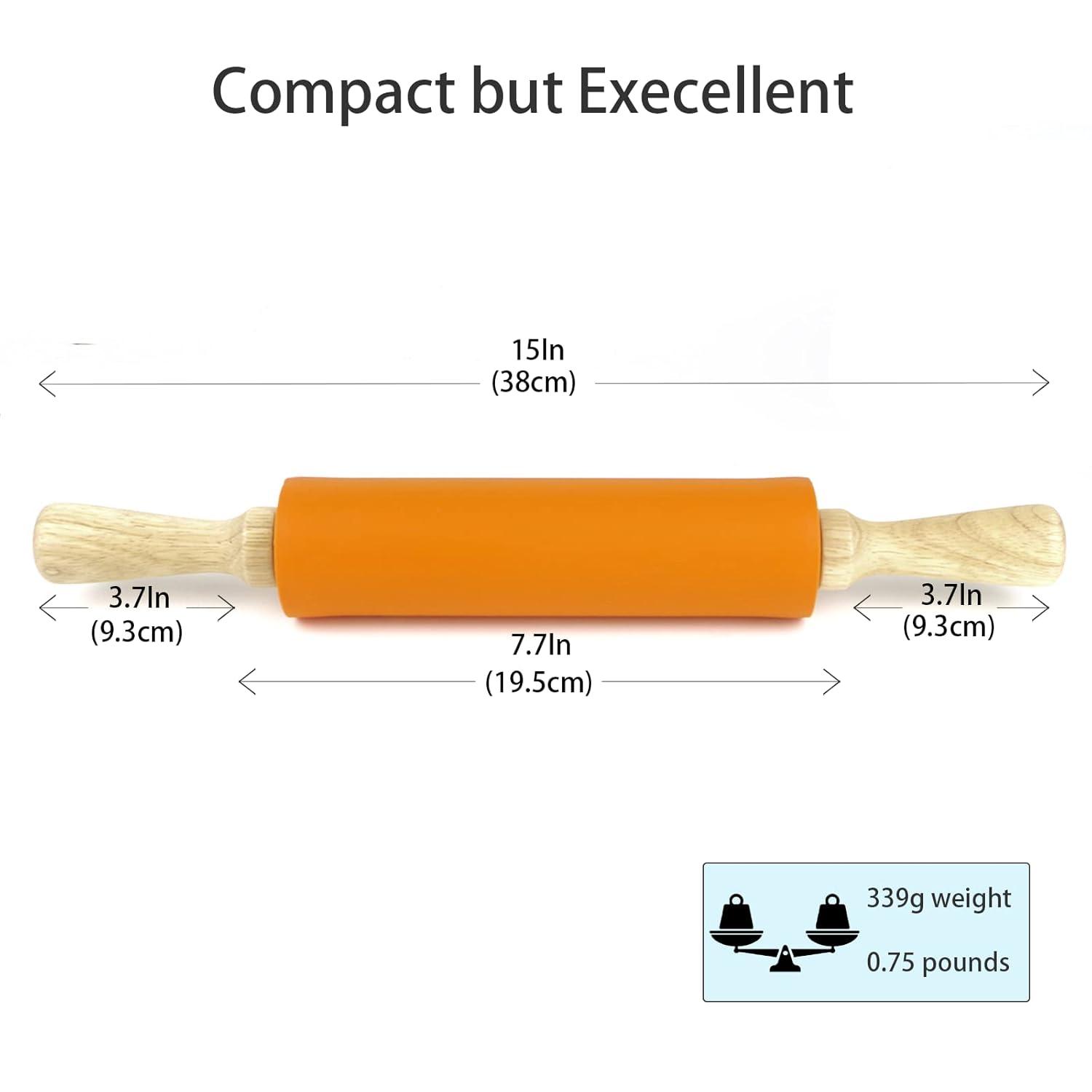Compact Orange Silicone Rolling Pin with Wooden Handles