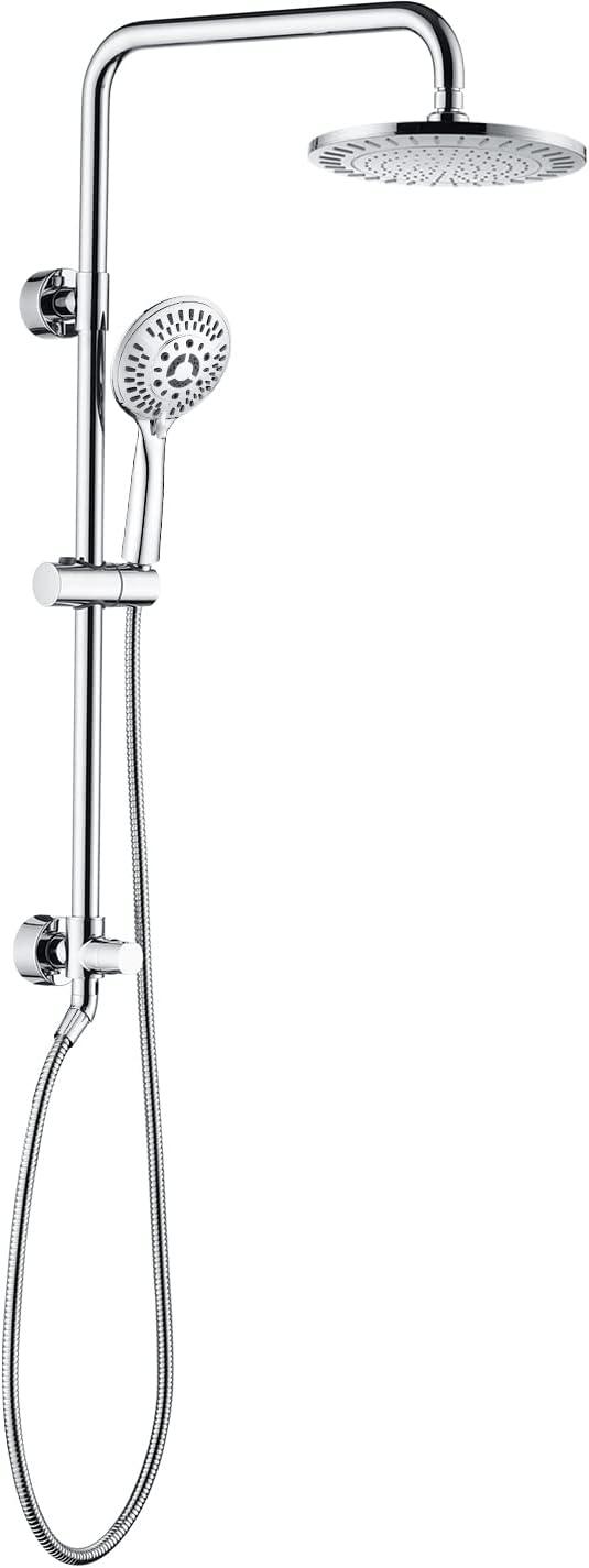 BRIGHT SHOWERS Rain Shower heads system including rain fall shower head and handheld shower head with height adjustable holder , solid brass rail 60 inch long stainless steel shower hose, Chrome