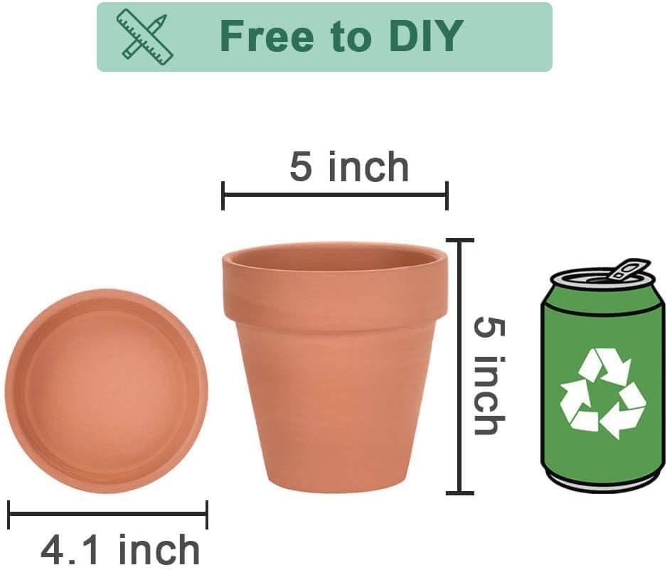 Terracotta Round Clay Plant Pots with Saucer, 5" Set of 6