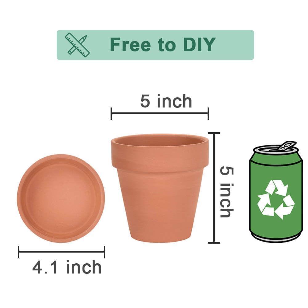 Terracotta Round Clay Plant Pots with Saucer, 5" Set of 6
