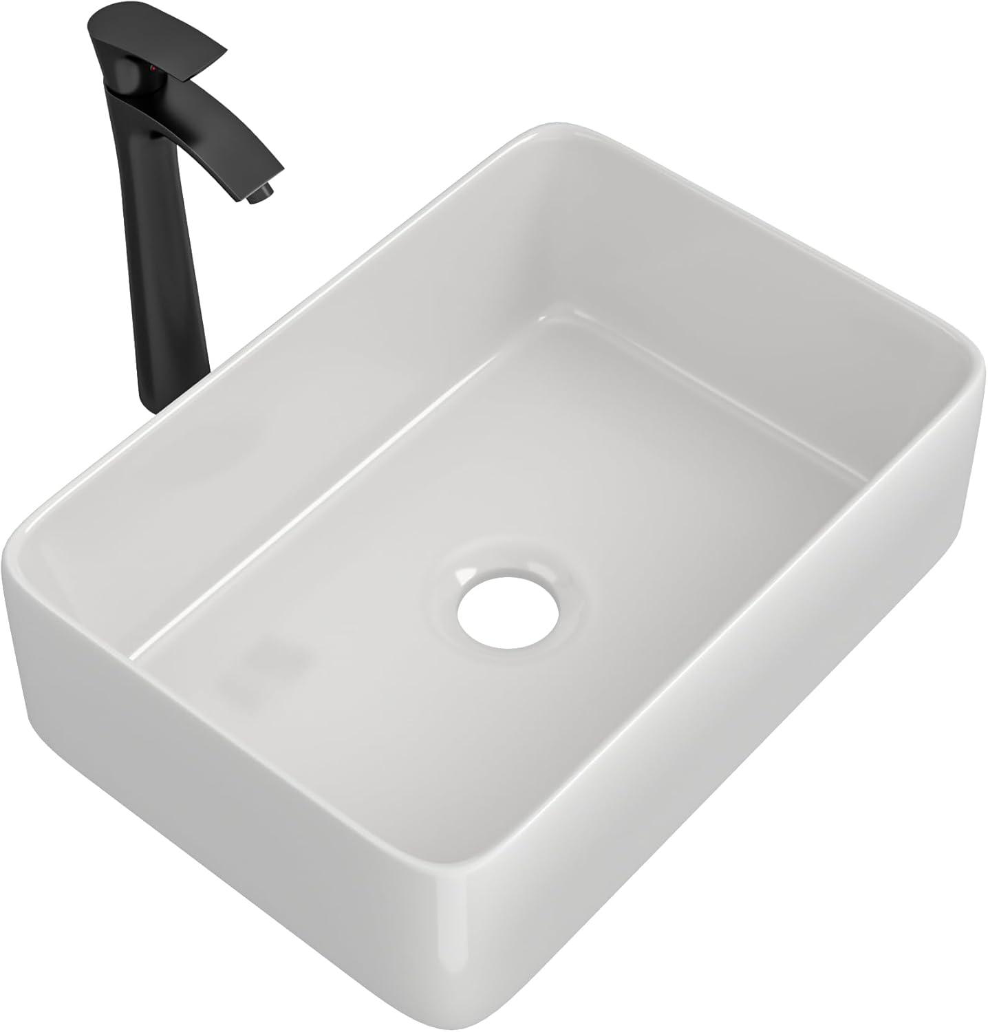 Myhomekeepers 15'' White Ceramic Rectangular Bathroom Sink with Faucet