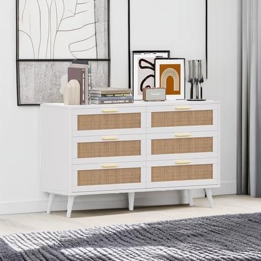 White and Natural Double Dresser with Rattan Drawers