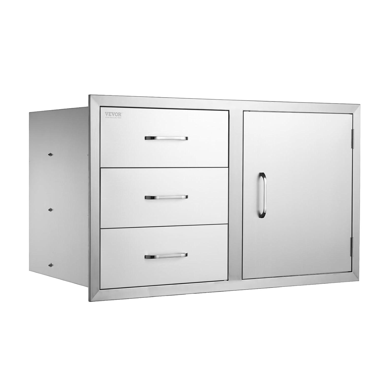VEVOR BBQ Island Drawers 38.1W x 22.6H x 20.8D, Outdoor Kitchen Door Drawer Combo Cabinets, BBQ Access Door/Triple Drawers Combo, Stainless Steel Handles, Perfect for BBQ Island Patio Grill Station