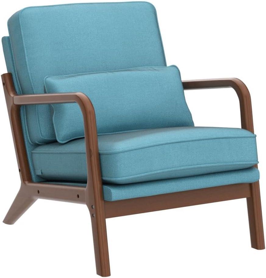 Tcbosik Accent Upholstered Chair with Backrest and Armrest, Wooden Reading Armchair with Pillow for Living Room Studio Office Couch, Teal