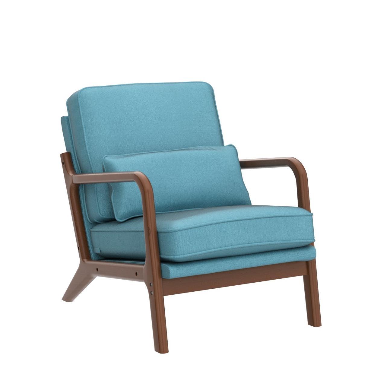 Tcbosik Accent Upholstered Chair with Backrest and Armrest, Wooden Reading Armchair with Pillow for Living Room Studio Office Couch, Teal