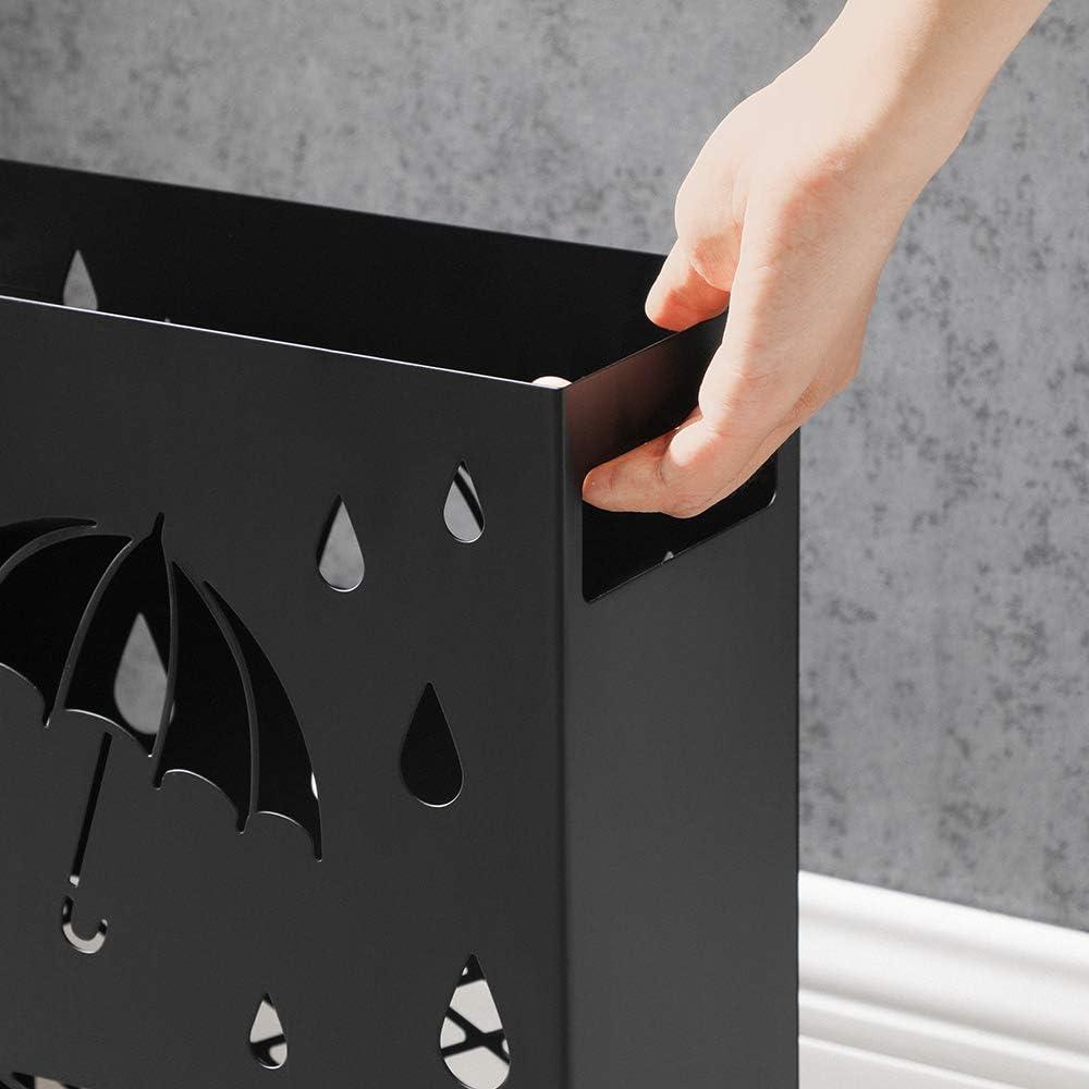 Black Metal Umbrella Stand with Cutout Design and Drip Tray