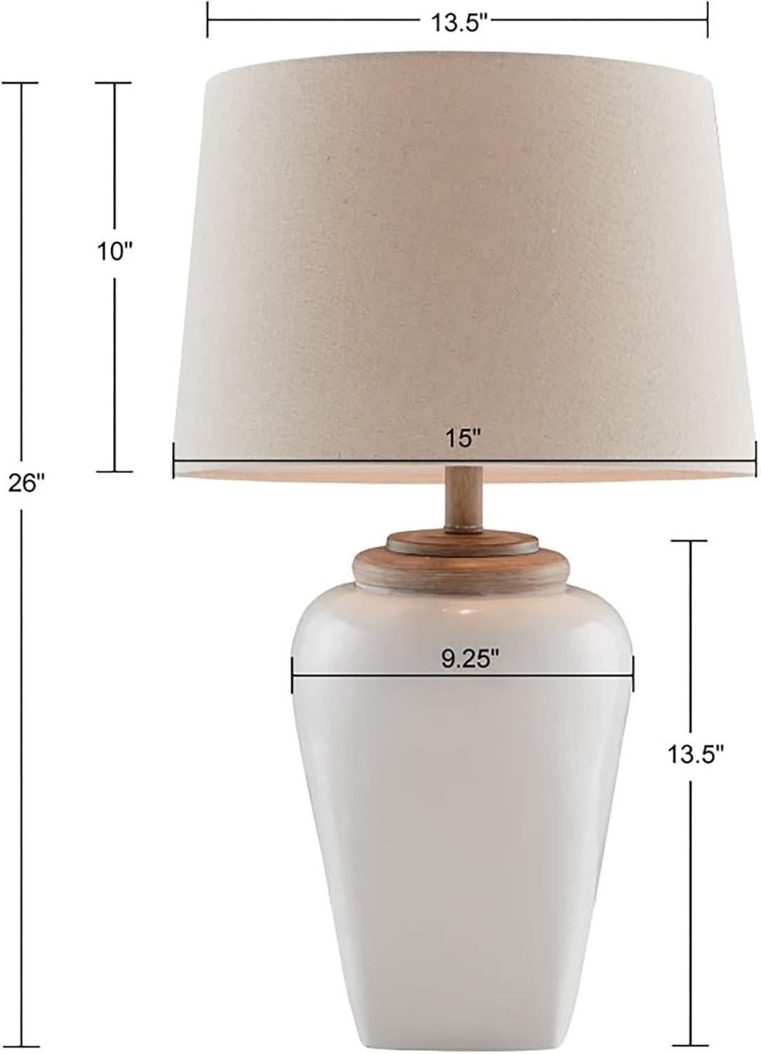 White Ceramic Table Lamp with Light Wood Accents and Empire Shade