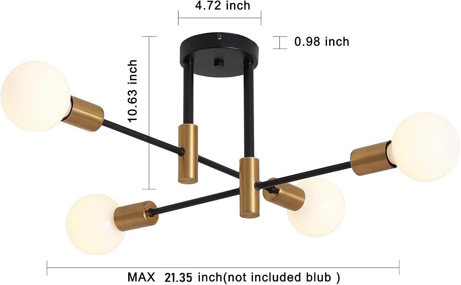 Sputnik Chandelier - 4-Light Semi Flush Mount Ceiling Light Fixture,Mid Century Modern Hanging Light Fixtures,Black and Gold Chandeliers for Dining Room Bedroom Living Room Kitchen Foyer