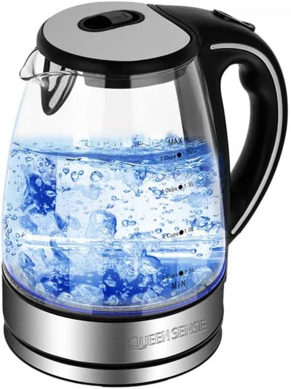 Queensense 1.7L LED Light Glass Electric Kettle with Rotational Base