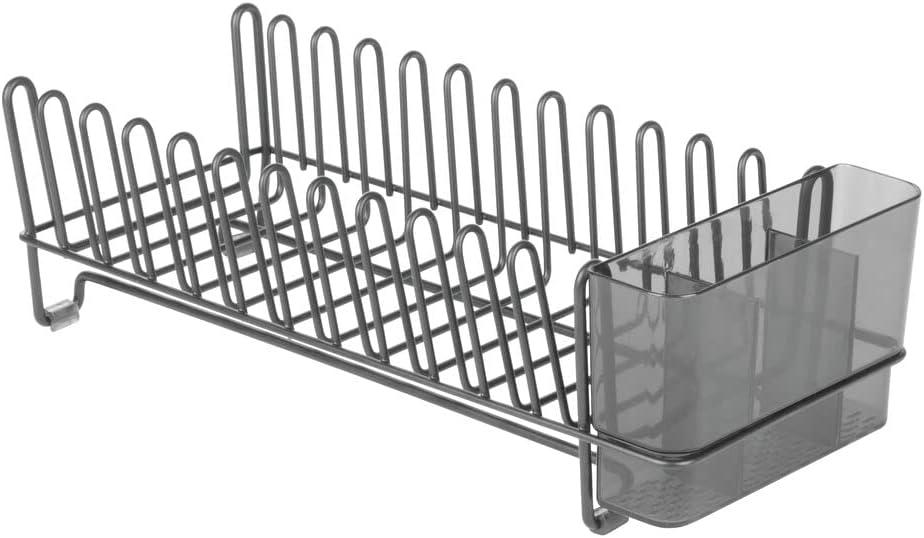 mDesign Steel Compact Dish Drying Rack with Cutlery Tray - Dk. Gray/Smoke Gray