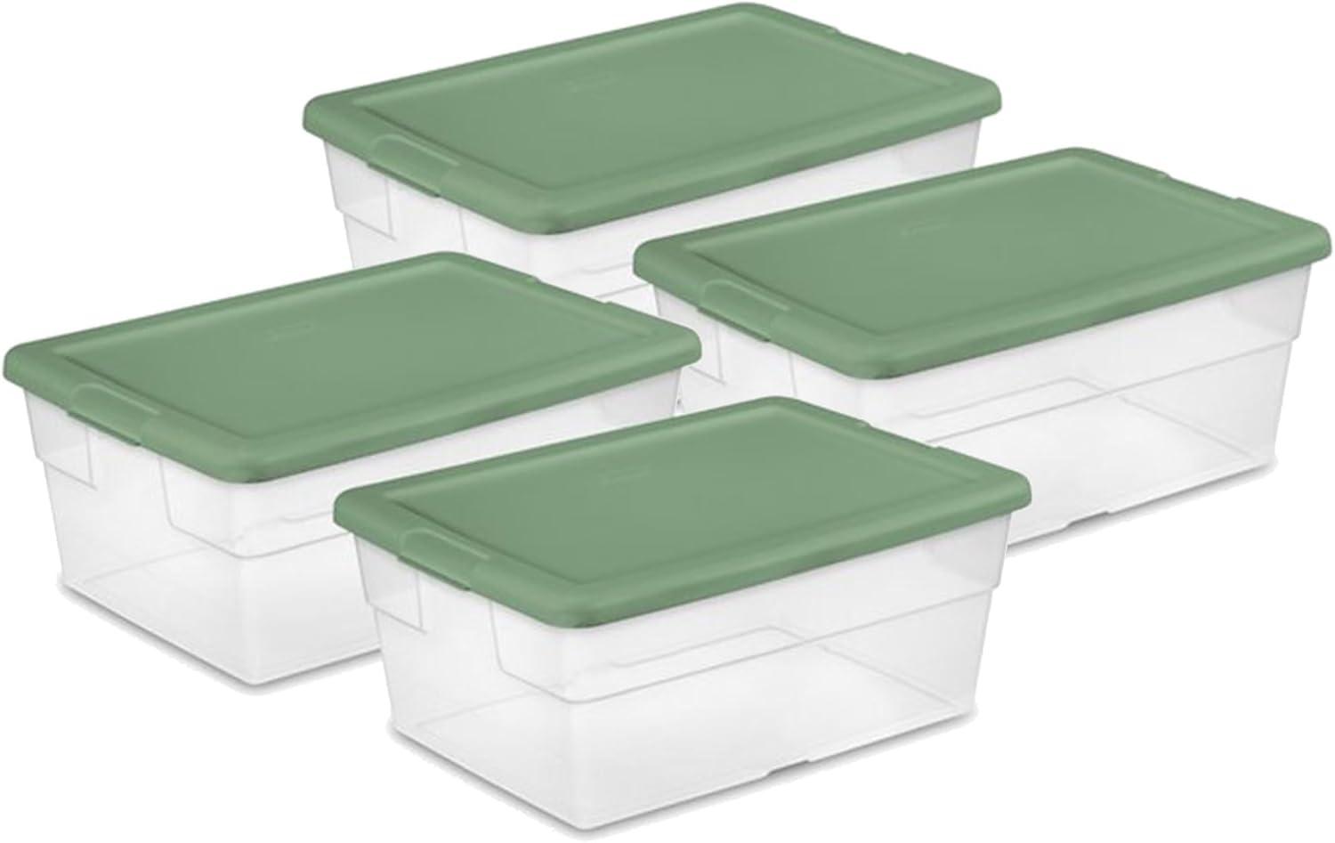 Sterilite 16 Quart Clear Plastic Storage Totes with Green Lids, 4 Pack