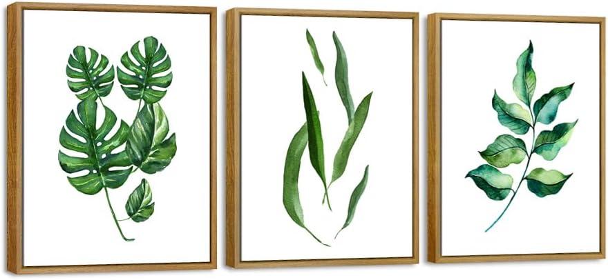 Green Leaves Botanic Canvas Wall Art Abstract Watercolor Pictures for Living Room Bedroom Wall Decor 3 Pieces Modern Stretched Artwork for Bathroom Decor