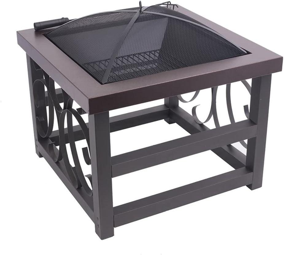 Blue Sky Outdoor Living 28” Square Raised Scroll Fire Pit with Log Grate, Spark Screen, and Lift, Tabletop-Style Steel Fire Pit, Bronze