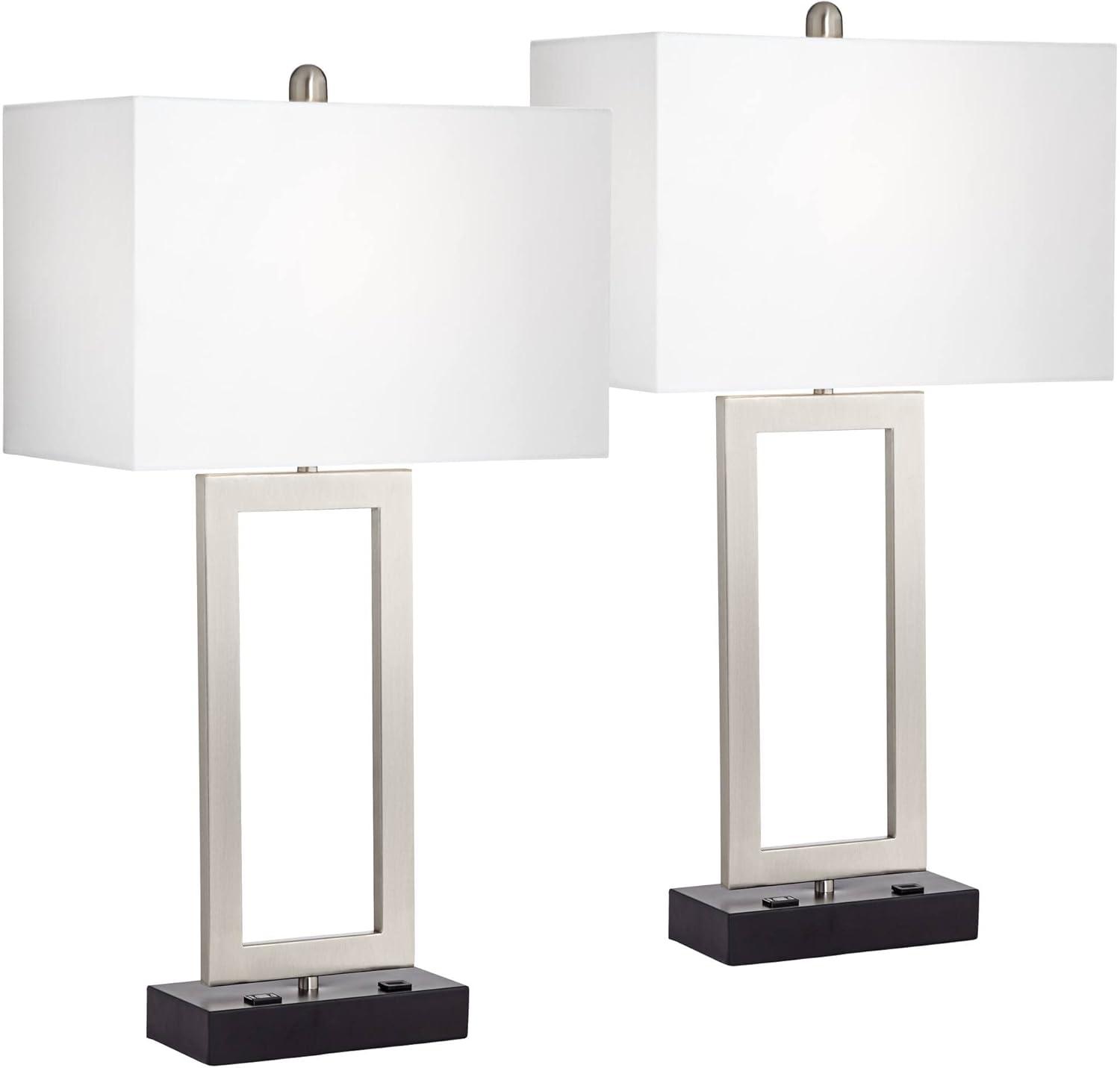 360 Lighting Todd 30" Tall Large Modern End Table Lamps Set of 2 USB Port AC Power Outlet Silver Brushed Nickel Finish Metal Living Room Charging