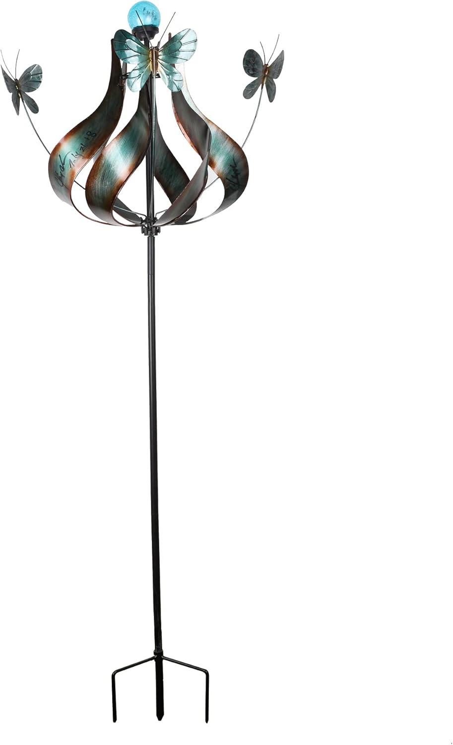 Teamson Home Outdoor Solar Tulip and Butterfly Kinetic Windmill Sculpture with LED Light, Teal