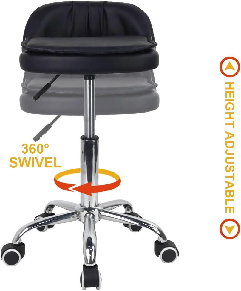 Rolling Stool Height Adjustable 360° Swivel with Universal Casters Leather Cushion with Low Back Rolling Chair with Wheels for Office Kitchen Desk Home Salon Shop Lab Bar Counter (Black)