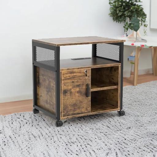 File Cabinet, Locking Office Filing Cabinets with Socket and USB Charging Port, Modern Rolling Printer Stand with Storage for Printer Scanner Fax Home Office Use with Wheels,Brown