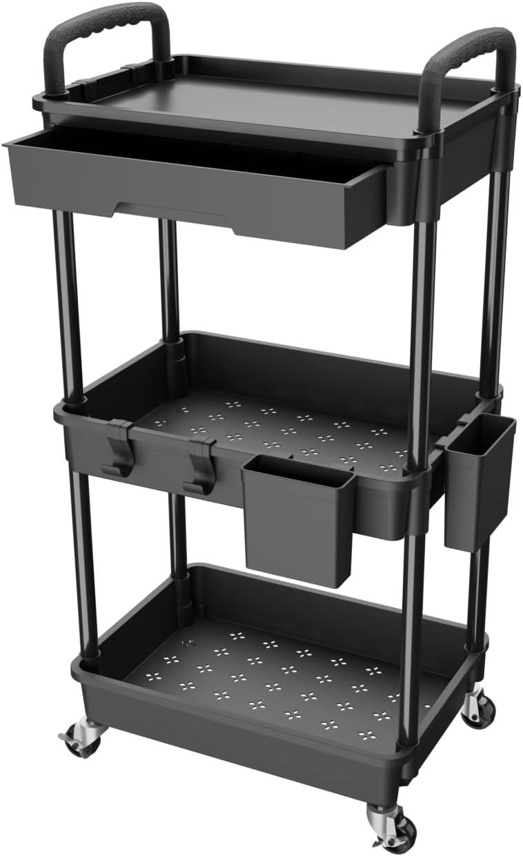 Black 3-Tier Rolling Utility Cart with Drawer and Handle