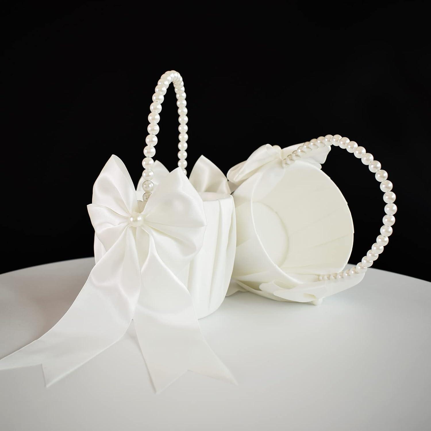 2 PCS Flower Girl Baskets Set- Cute Cherish Wedding Flower Baskets (Ivory)