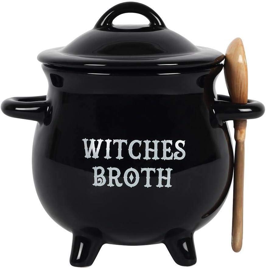 Pacific Giftware Witches Broth Cauldron Ceramic Bowl with Broom Spoon