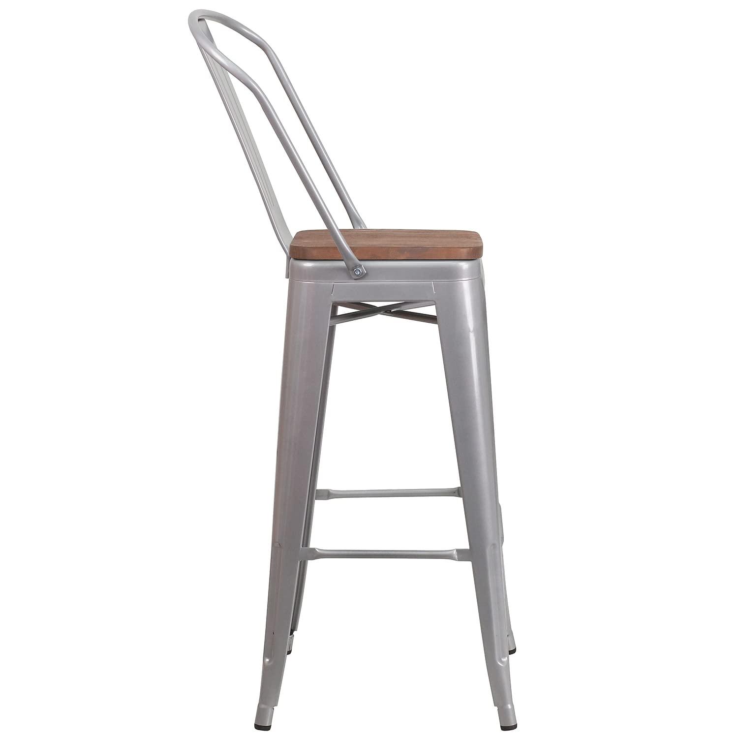 Flash Furniture 24" High Crystal Teal-Blue Metal Counter Height Stool with Back and Wood Seat
