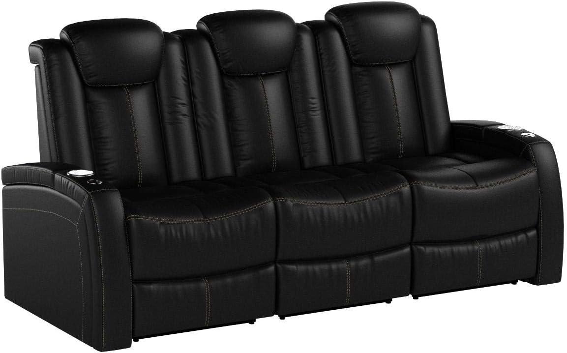 Seatcraft Republic Italian Leather Home Theater Furniture, Living Room, Power Headrest, Power Recline (Sofa with Fold-Down Table, Black)