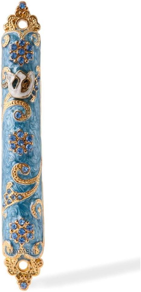 Hand Painted Blue Mezuzah with 24K Gold and Crystals