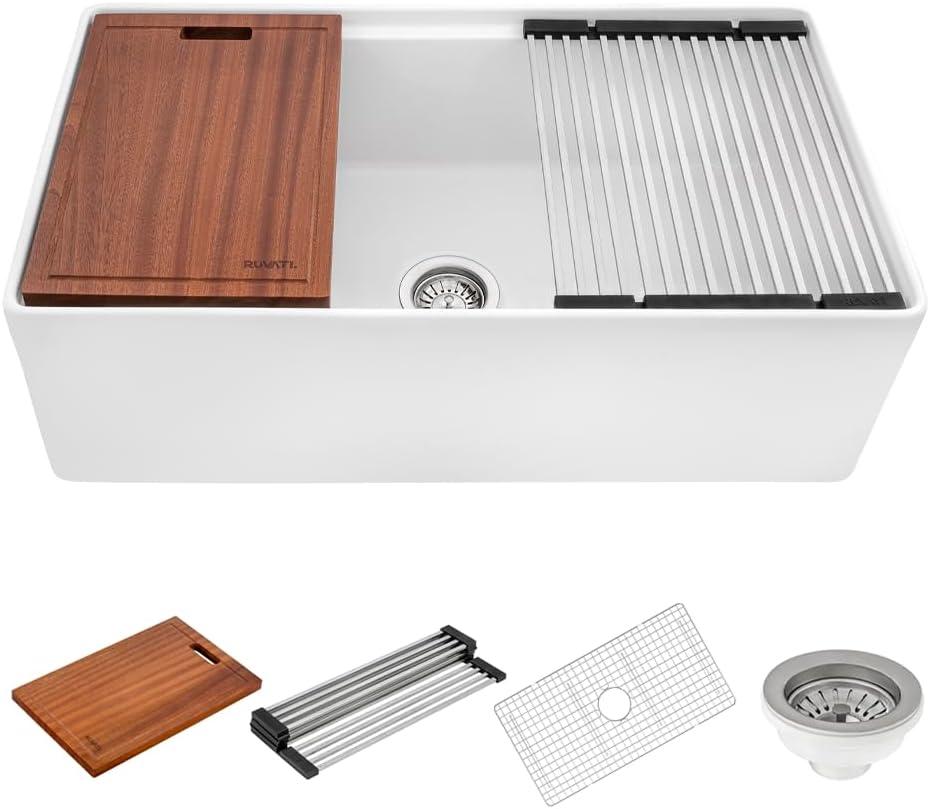 Ruvati 33 inch Fireclay Workstation Farmhouse Kitchen Sink Apron Front Single Bowl