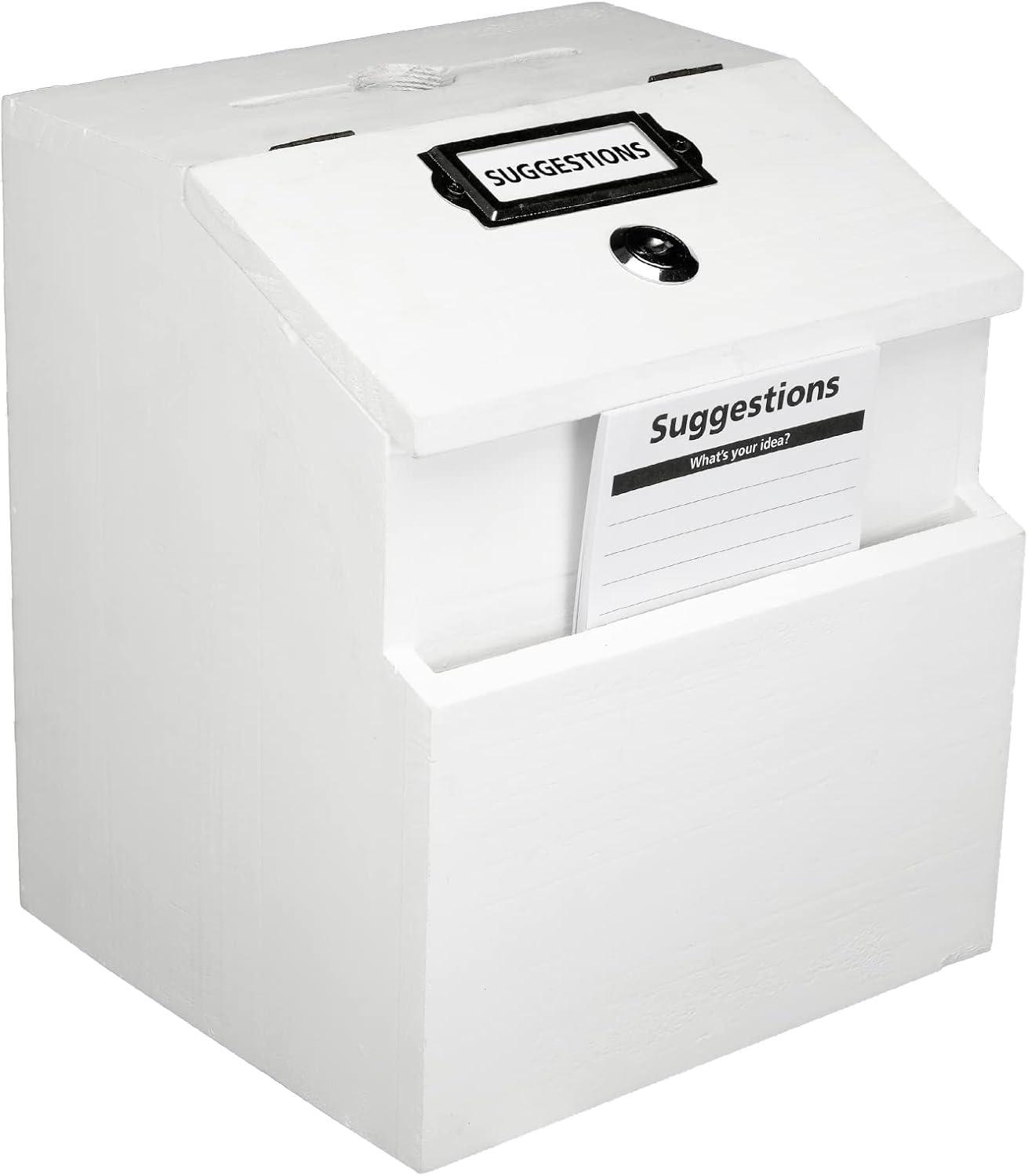 White Wooden Suggestion Box with Lock and Labels