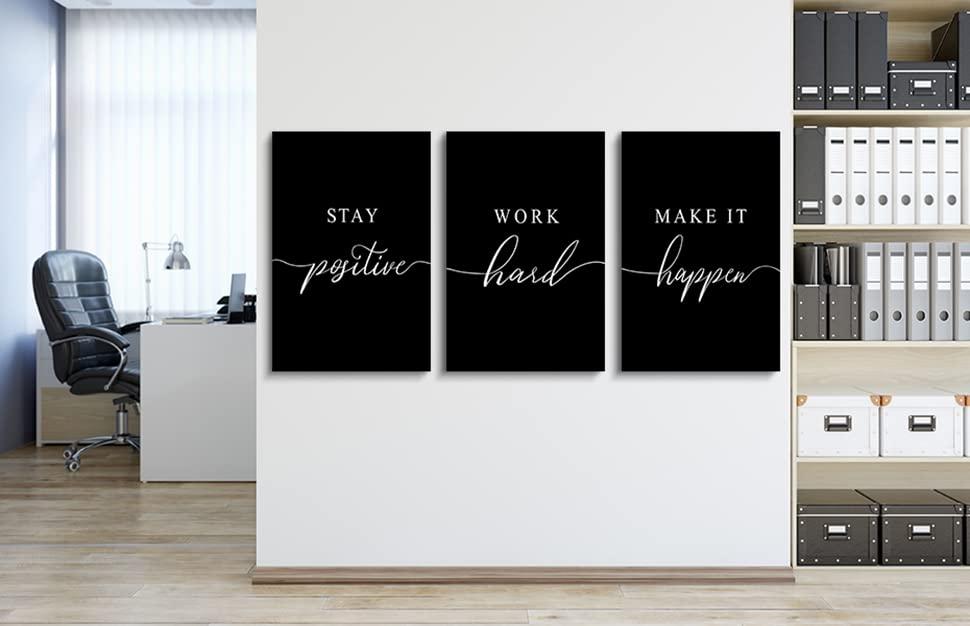 Work Hard Prints - Framed Canvas Wall Art Success Quote, Office Wall Art, Black Large Poster, Positive Motivational Set of 3 Prints, Stay Positive Poster, Inspirational Wall Art (E-3pcs,16x24inchx3pcs)
