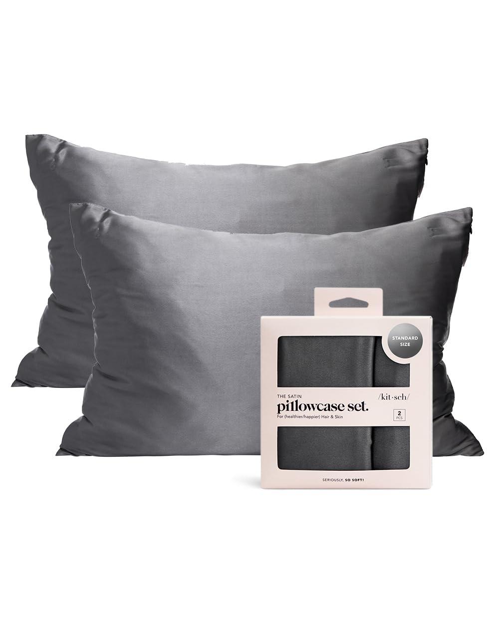 Charcoal Gray Satin and Silk Queen Pillowcase Set with Zipper