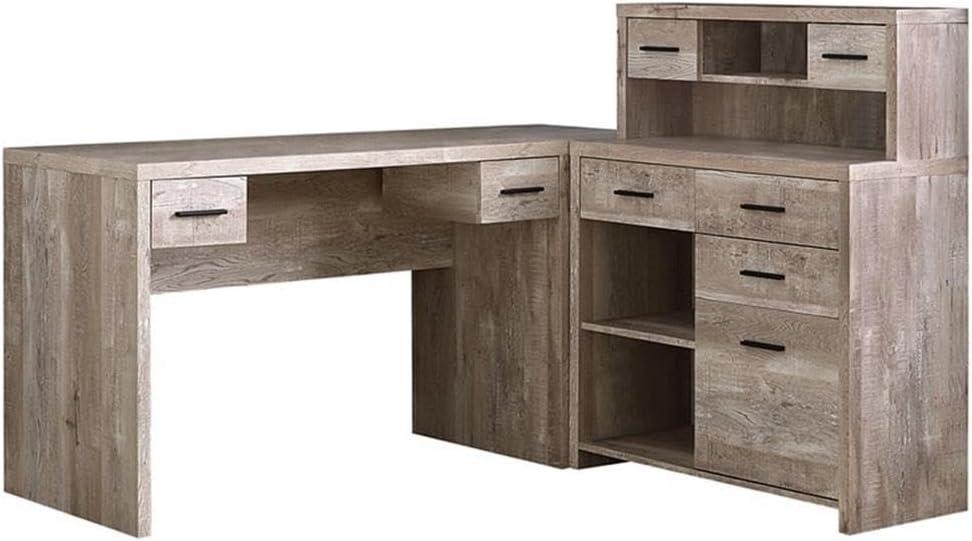 Computer Desk - L-Shaped / Corner / Hutch / 8 Drawers / 3 Cubbies / Reversible - 63"L X 59"W - Taupe Reclaimed Wood-Look