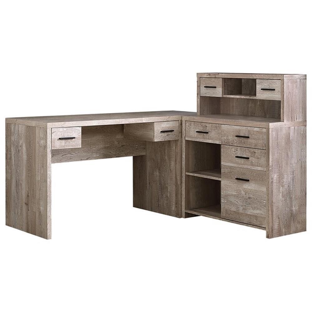 Computer Desk - L-Shaped / Corner / Hutch / 8 Drawers / 3 Cubbies / Reversible - 63"L X 59"W - Taupe Reclaimed Wood-Look