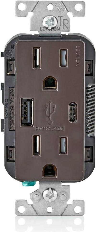 Leviton T5633-B Decora USB Type-A/Type-C Wall Outlet Charger, 15A, Brown