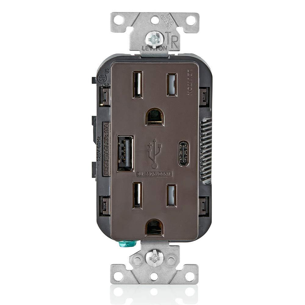 Leviton T5633-B Decora USB Type-A/Type-C Wall Outlet Charger, 15A, Brown