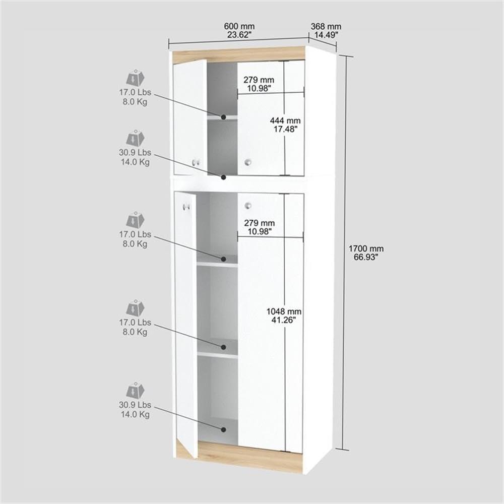 4 Doors Kitchen Storage Cabinet White/Oak - Inval: Modern Pantry with Adjustable Shelves