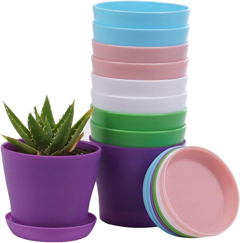 TDHDIKE 10 Pcs Plastic Planters Indoor Pots, Mini Flower Seedlings Nursery Flower Pot with Pallet, Modern Decorative Gardening Containers Pink / White / Purple / Blue / Green